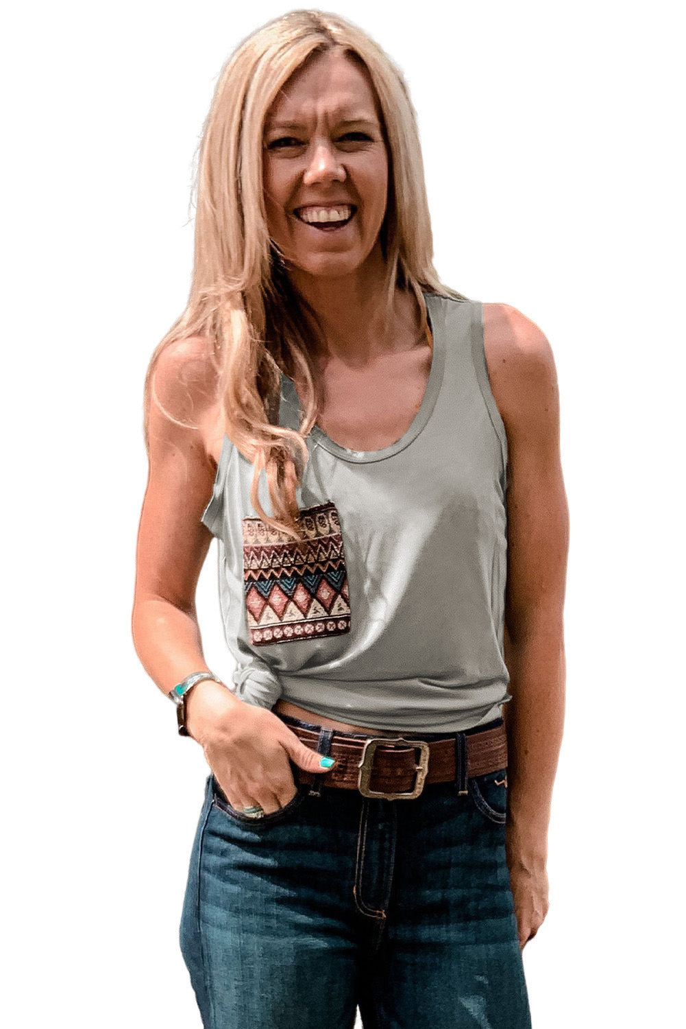 Ethnic Pattern Chest Pocket Casual Tank Top