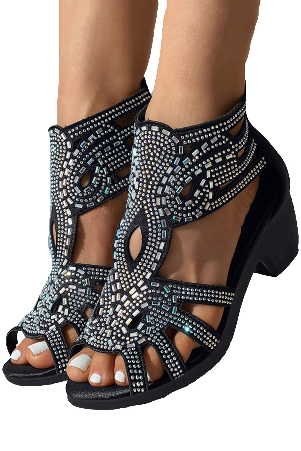 Rhinestone Hollowed Thick Heel Gladiator Sandals