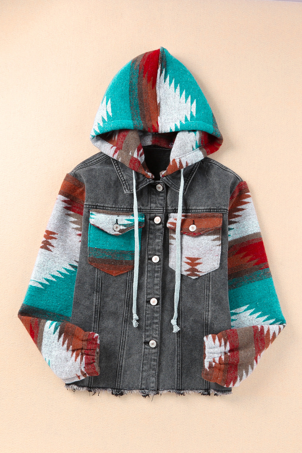 Multicolor Aztec Print Frayed Hem Denim Jacket