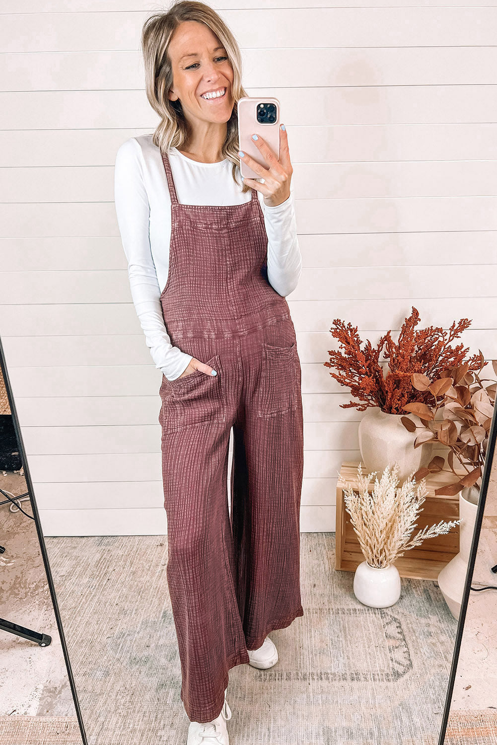 Fiery Red Textured Shoulder Straps Pocketed Overalls