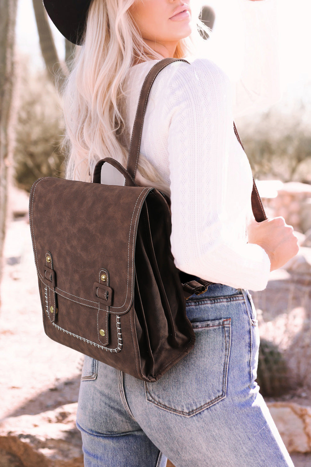 Retro Frosted Multifunction Square Flap Backpack 26*14*31cm