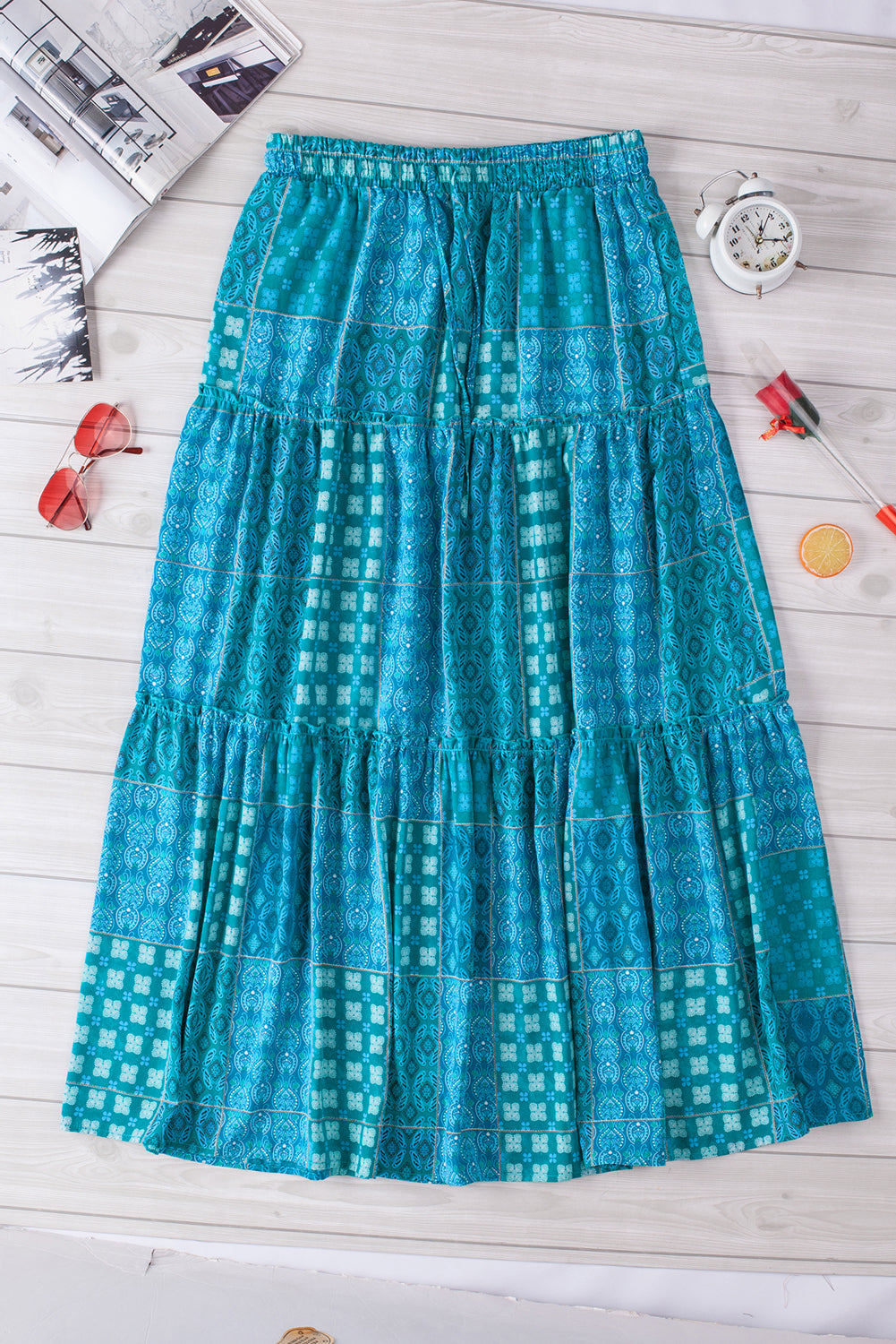 Tiered Paisley Print Pocketed Maxi Skirt