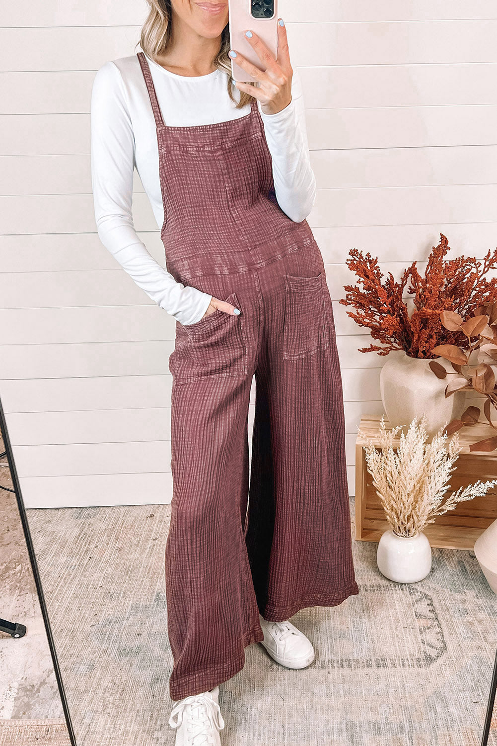 Fiery Red Textured Shoulder Straps Pocketed Overalls