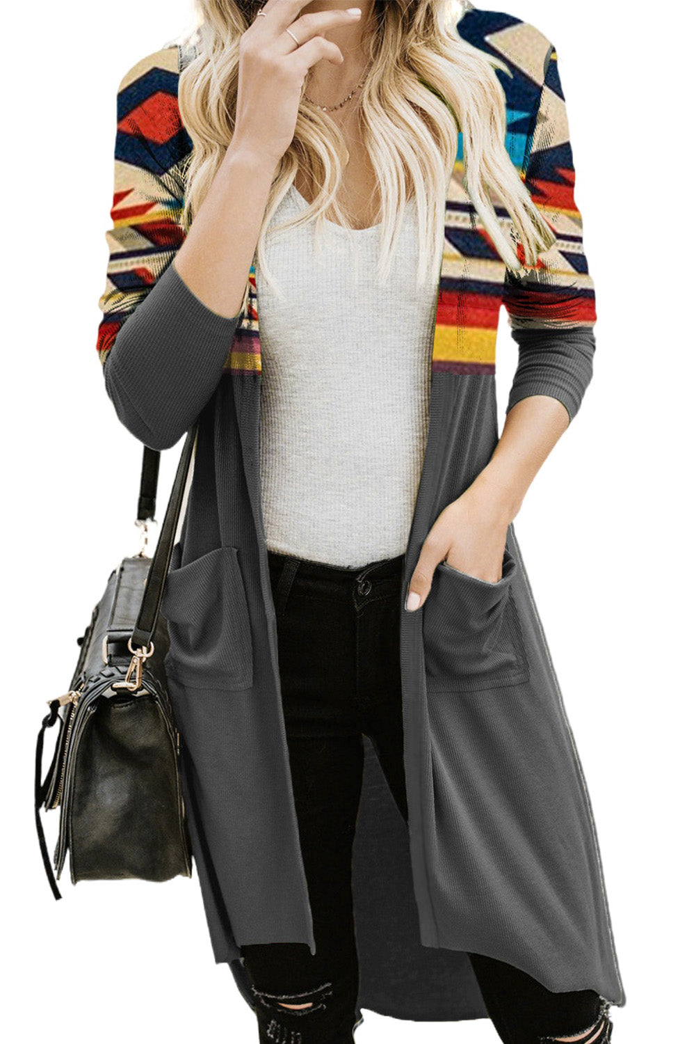 Tribal Printed Open Front Long Cardigan