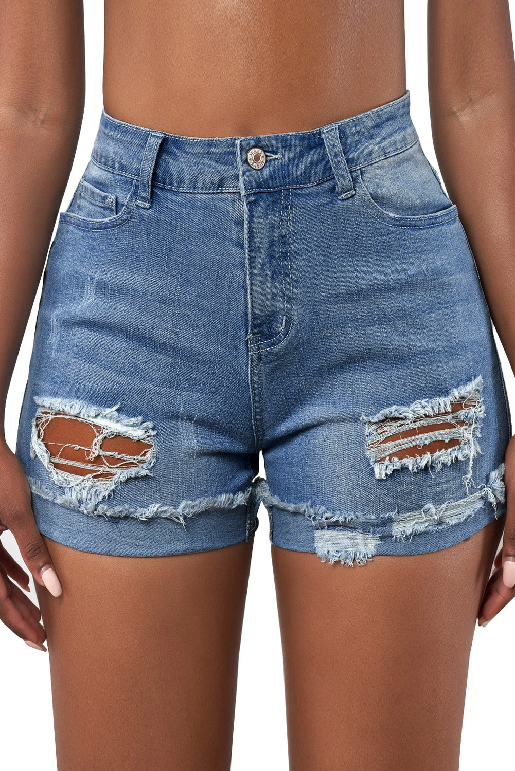 Distressed Ripped Rolled Hem Sky Blue Denim Shorts