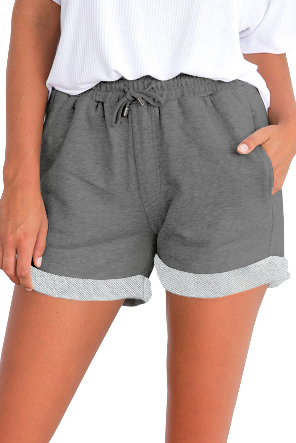 Tie Waist Side Pockets Cuffed Lounge Shorts