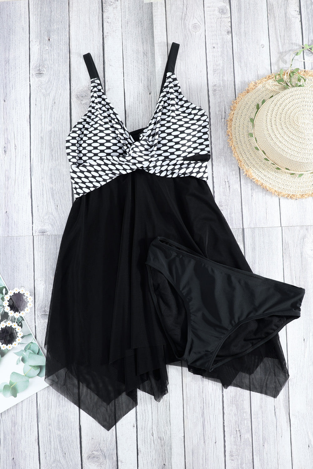 Retro Polka Dot Print Handkerchief Hem Tankini Set