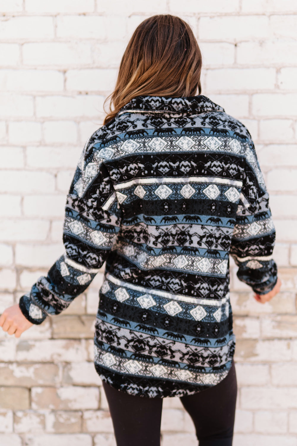 Tribal Print Pocket Buttoned Sherpa Jacket