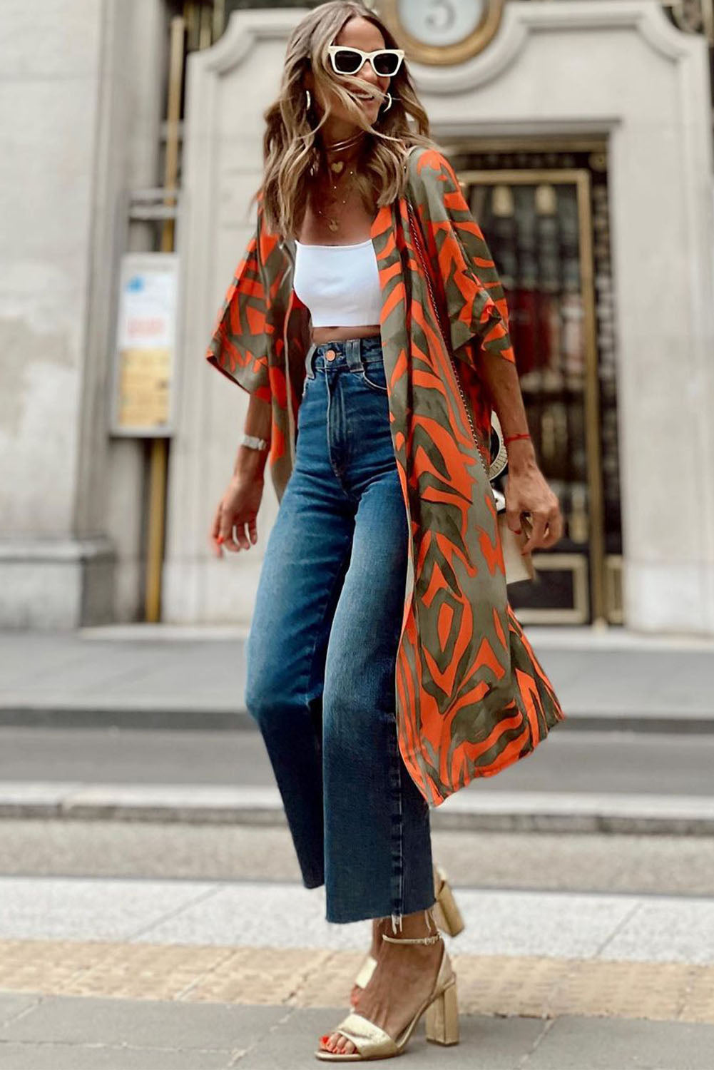 Multicolor Abstract Print Half Sleeves Kimono