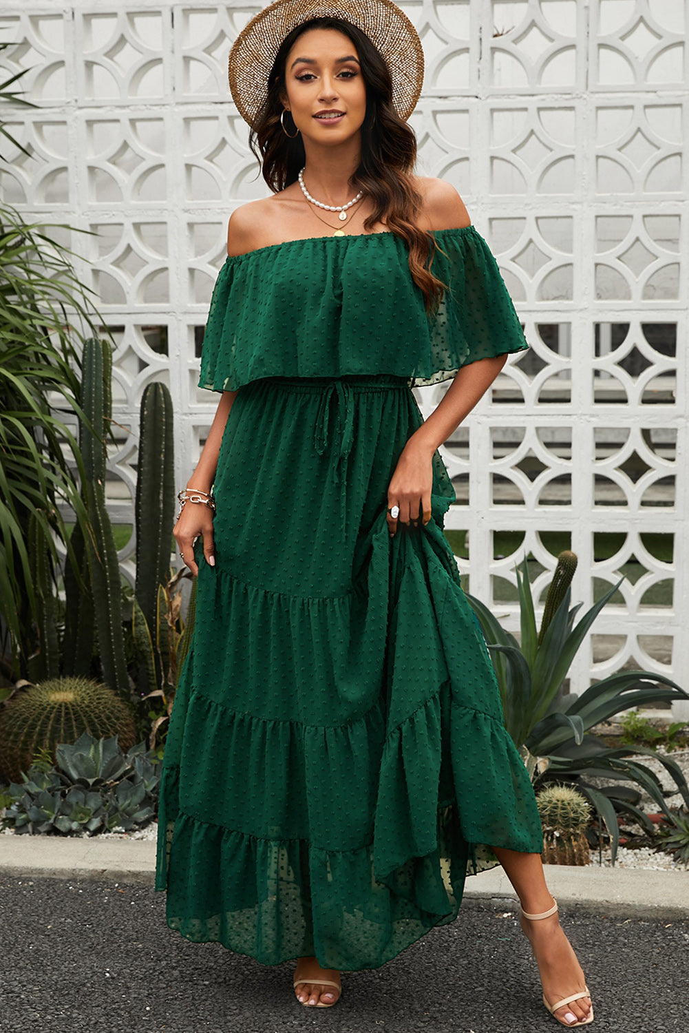Yellow Yellow Off Shoulder Ruffle Swiss Dot Maxi Dress