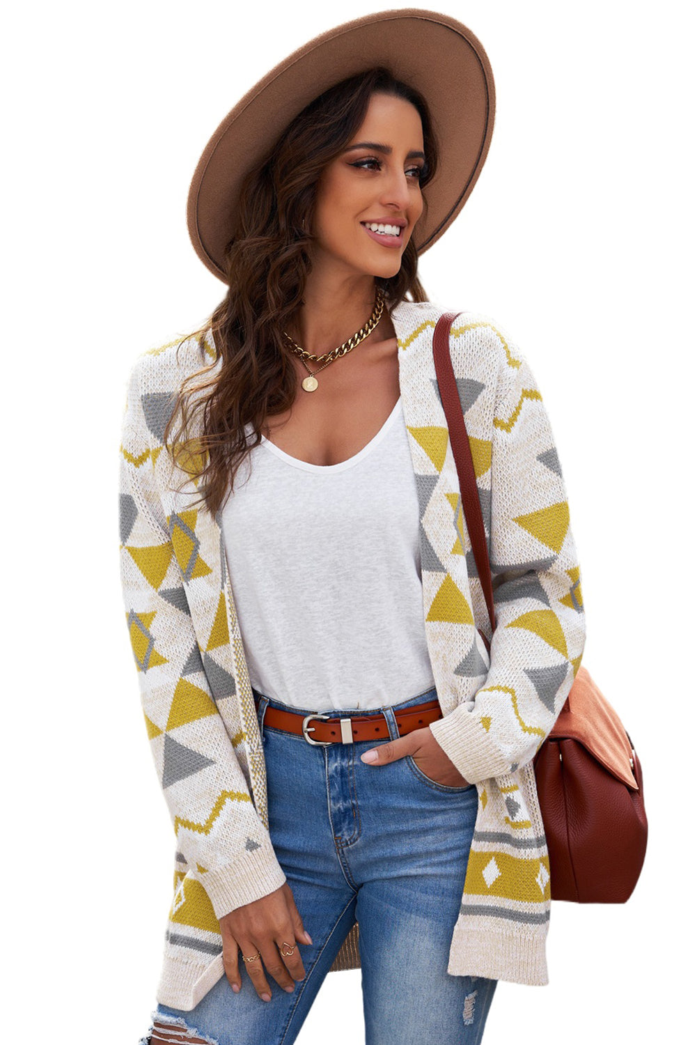 Geometric Print Open Front Knitted Cardigan