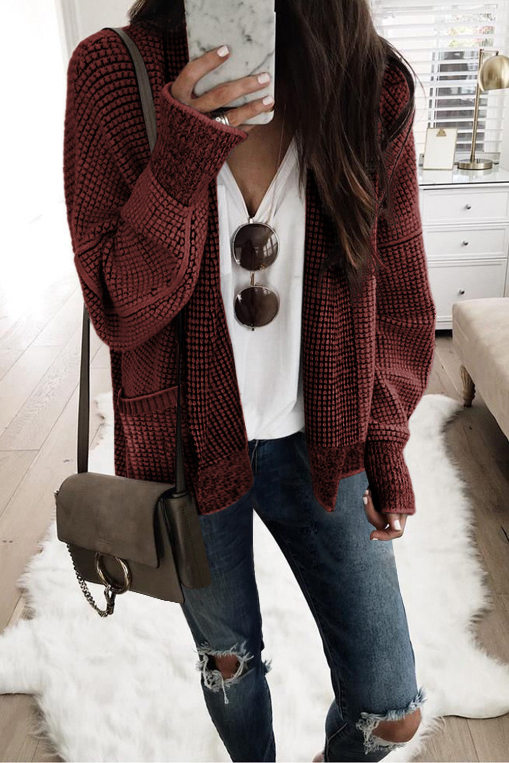 Pink Chunky Waffle Knit Oversized Collar Cardigan