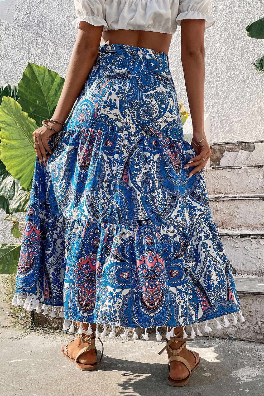 Paisley Print Fringe Hem Boho Maxi Skirt