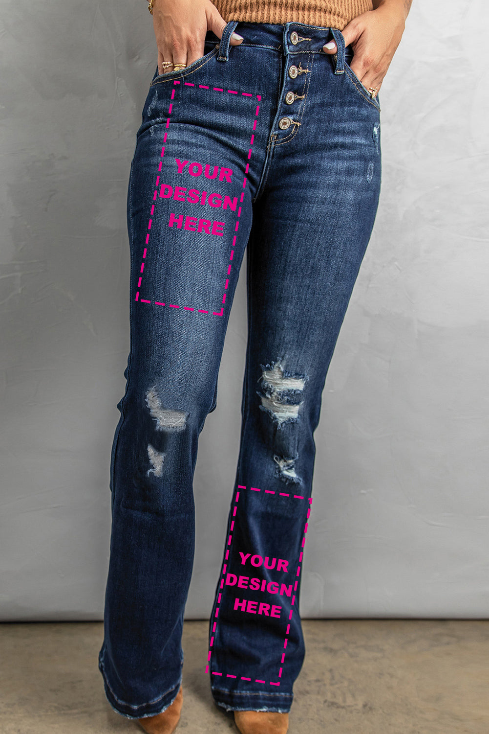 Dark Washed Distressed Flare Bottom Jeans