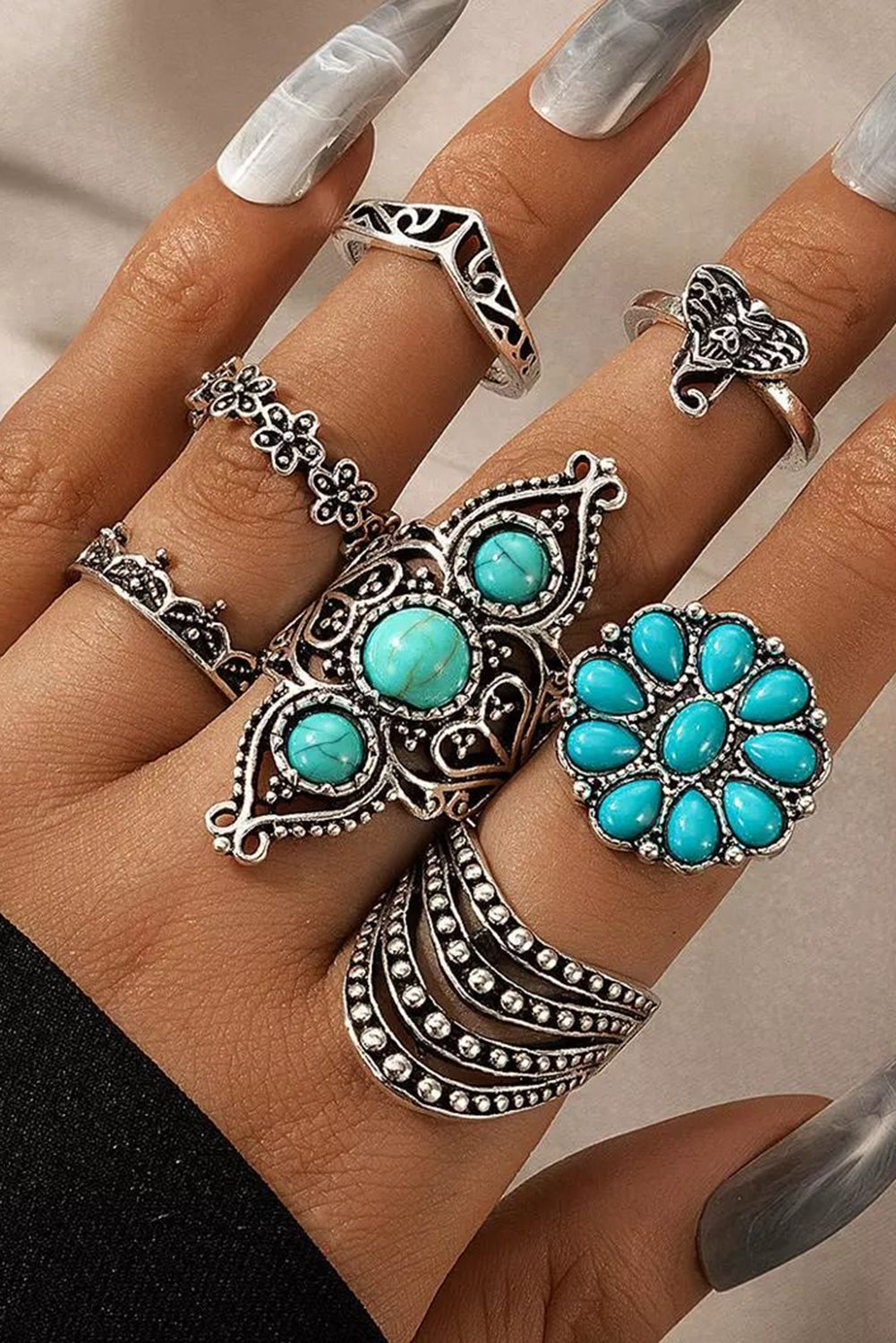 7Pcs Floral Geometric Turquoise Vintage Ring Set