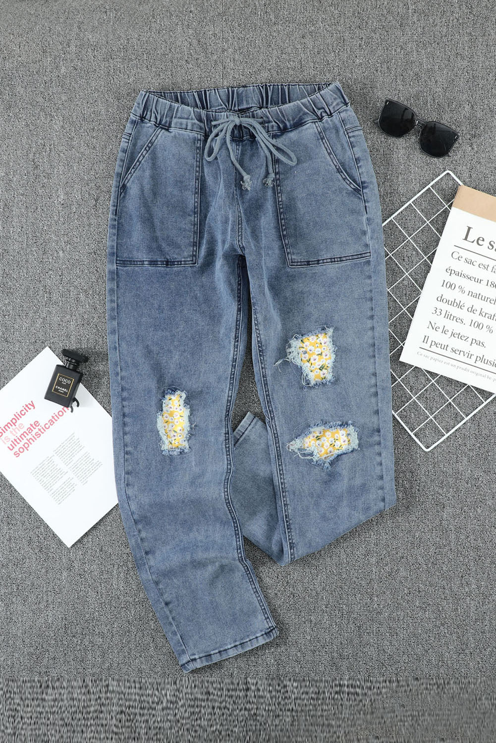 Drawstring High Waist Daisy Patches Straight Leg Jeans