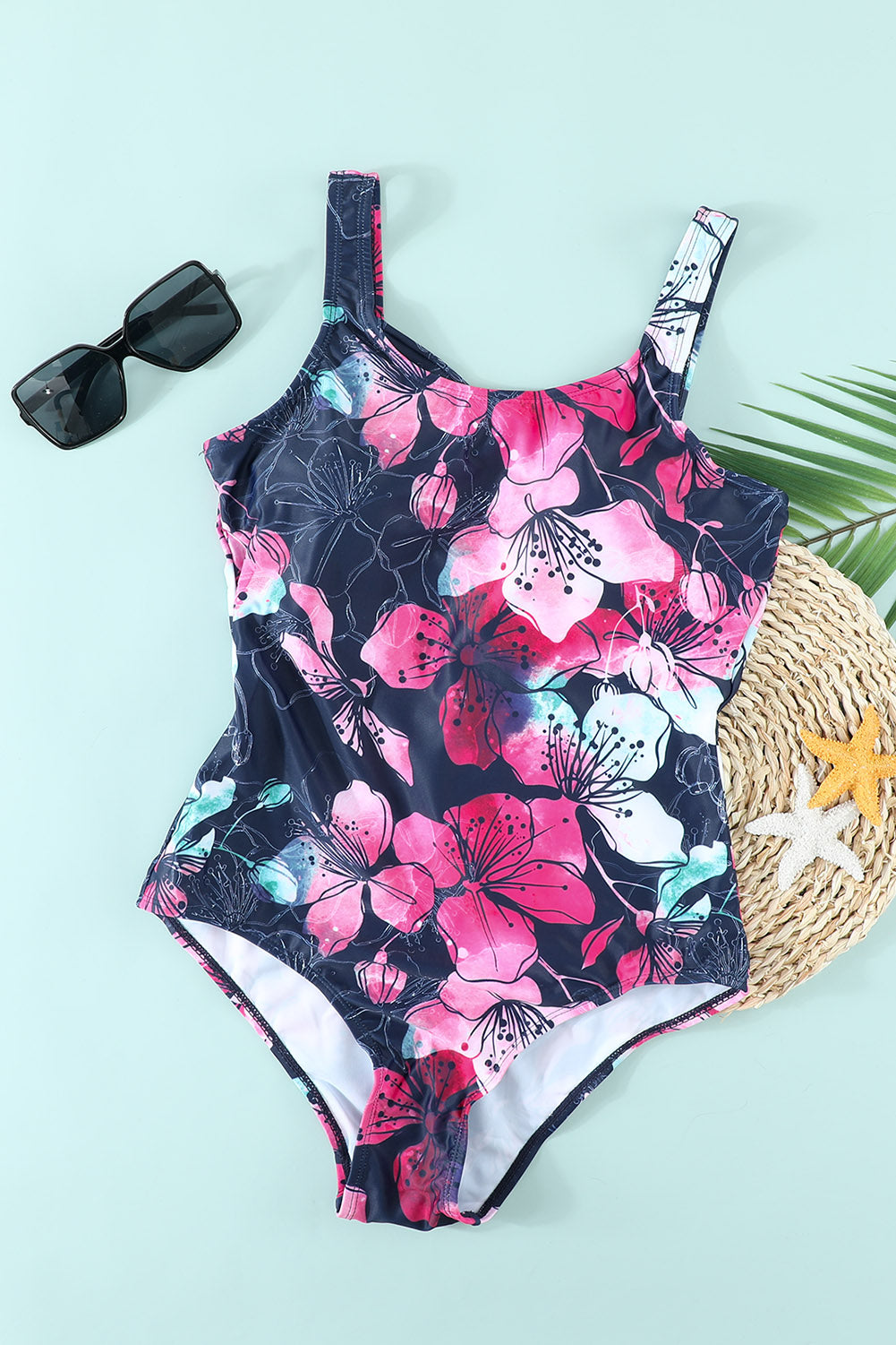 Floral Print Criss Cross U-neck One-piece Swimsuit