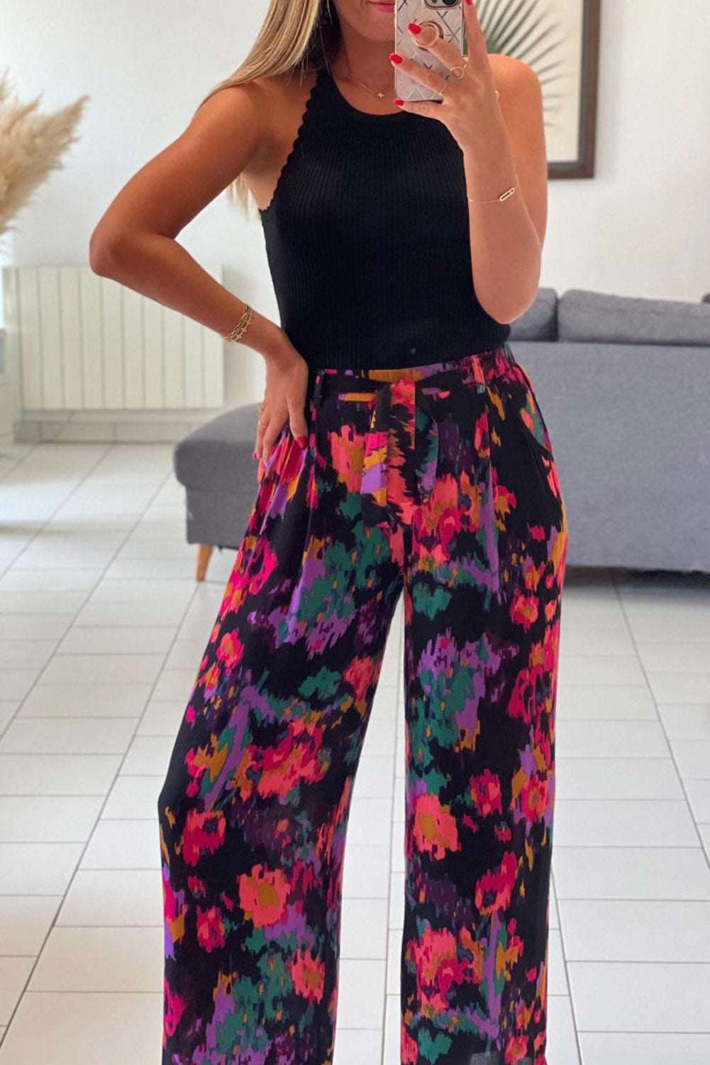 Graffiti Printed V Neck Puff Sleeve Blouse