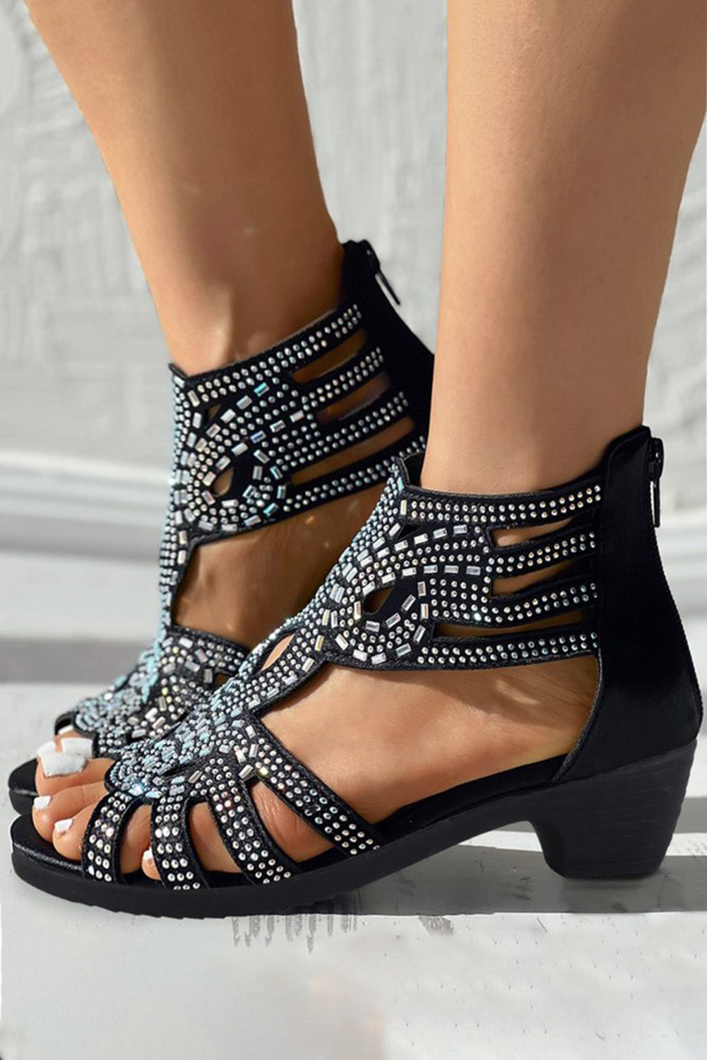 Rhinestone Hollowed Thick Heel Gladiator Sandals