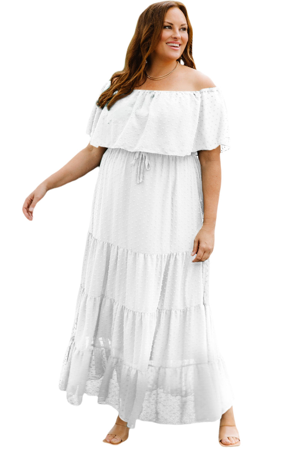 Yellow Yellow Off Shoulder Ruffle Swiss Dot Maxi Dress
