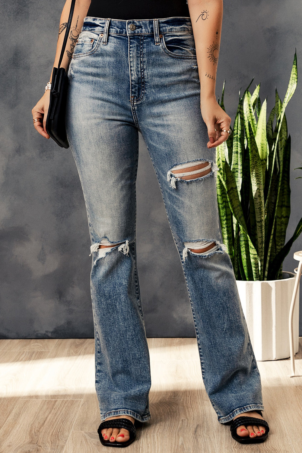 Vintage Wash Open Knee Ripped Jeans