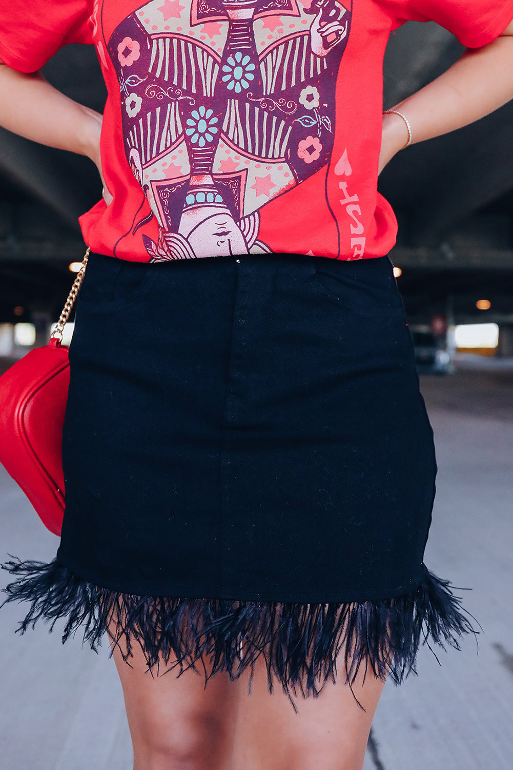 Feather Fringed Denim Skirt