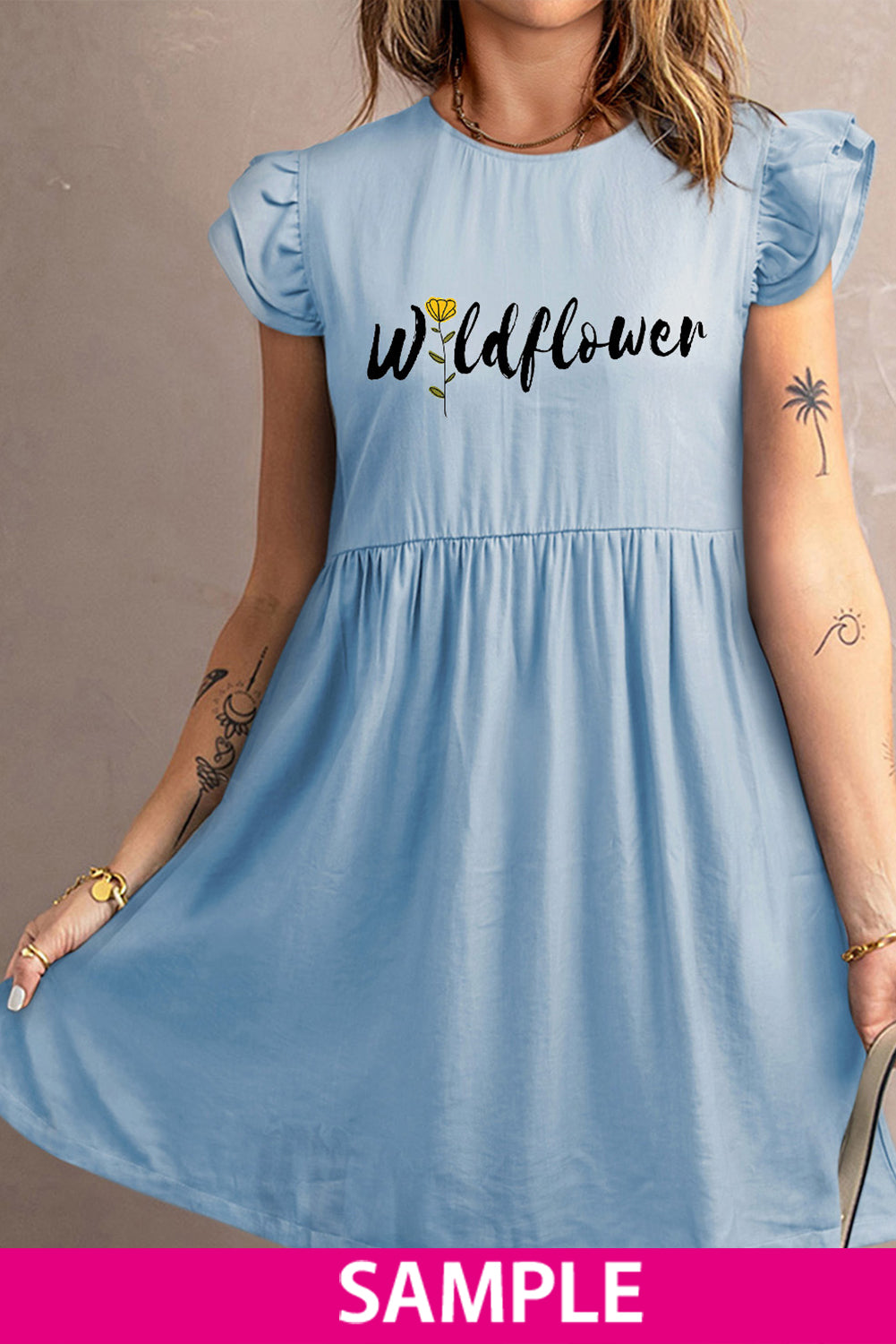 Flutter Sleeve Ruched Denim Casual Dress