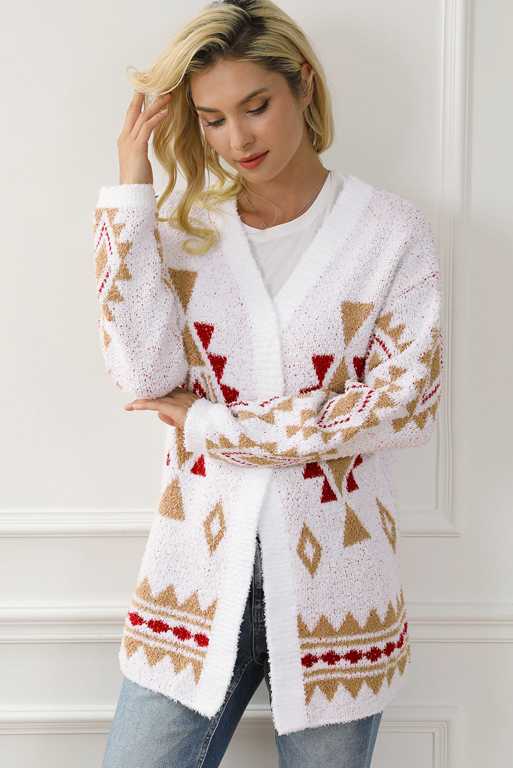 White Aztec Pattern Open Knitted Cardigan