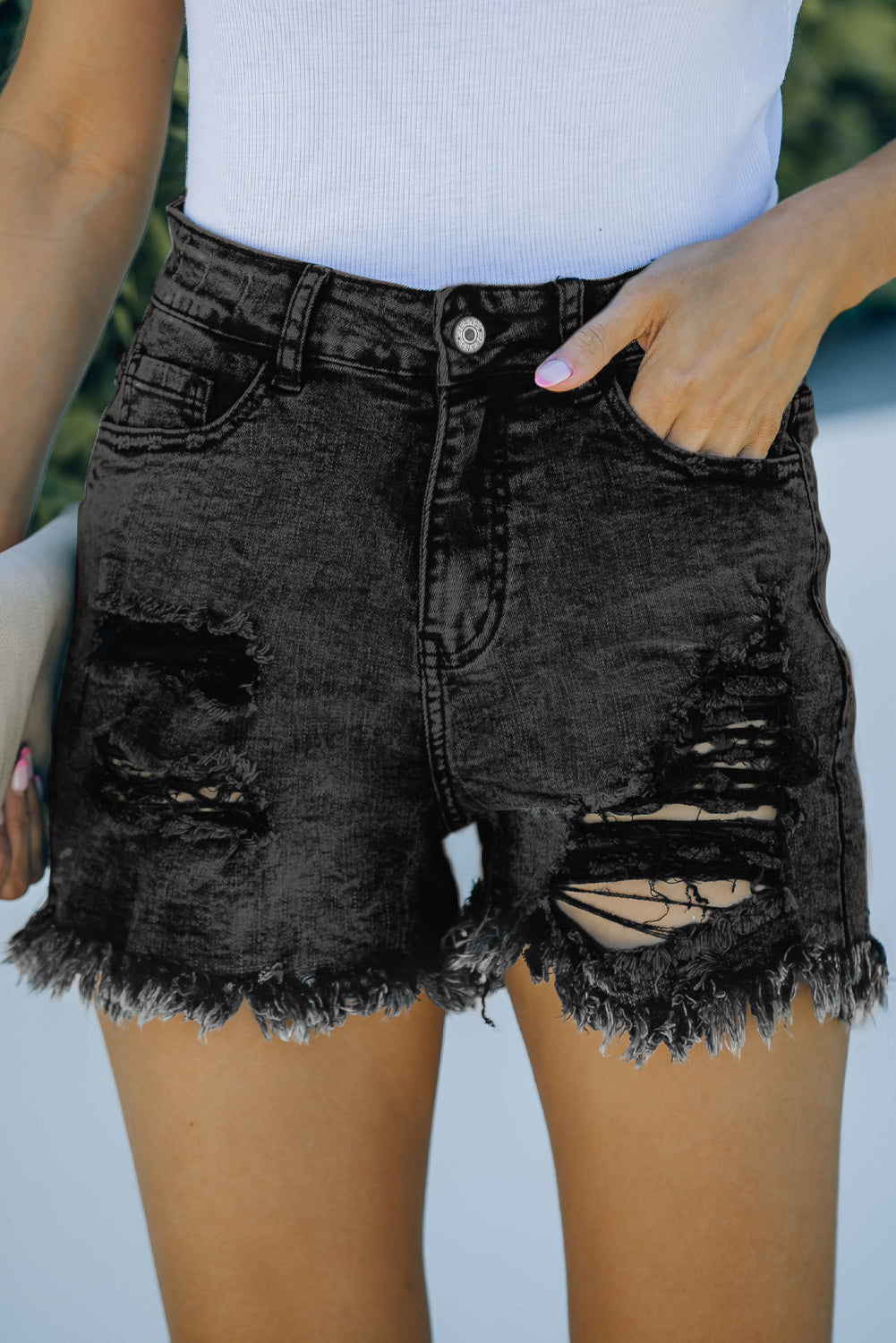 Frayed Hem Mid Waist Denim Shorts