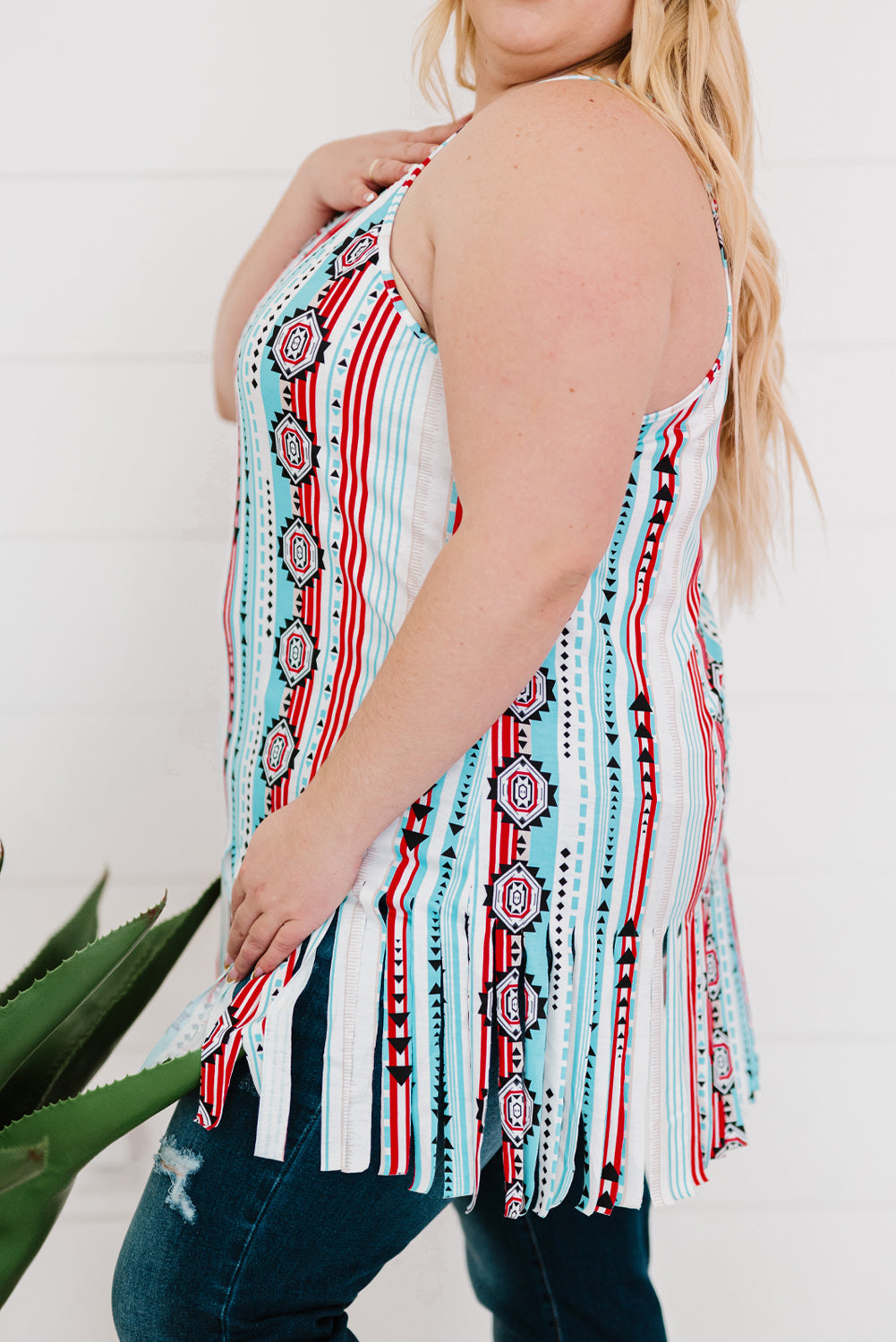 Multicolor Multicolor Aztec Print Tassel Plus Size Tank