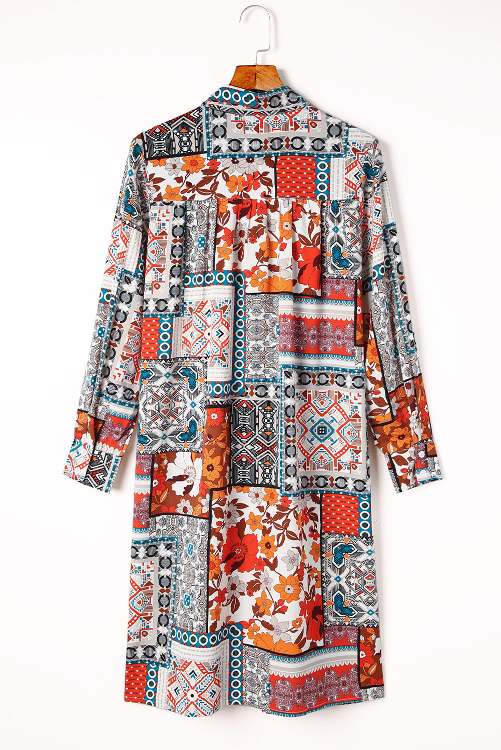 Multicolor Boho Patchwork Print Flowy Long Sleeve Kimono