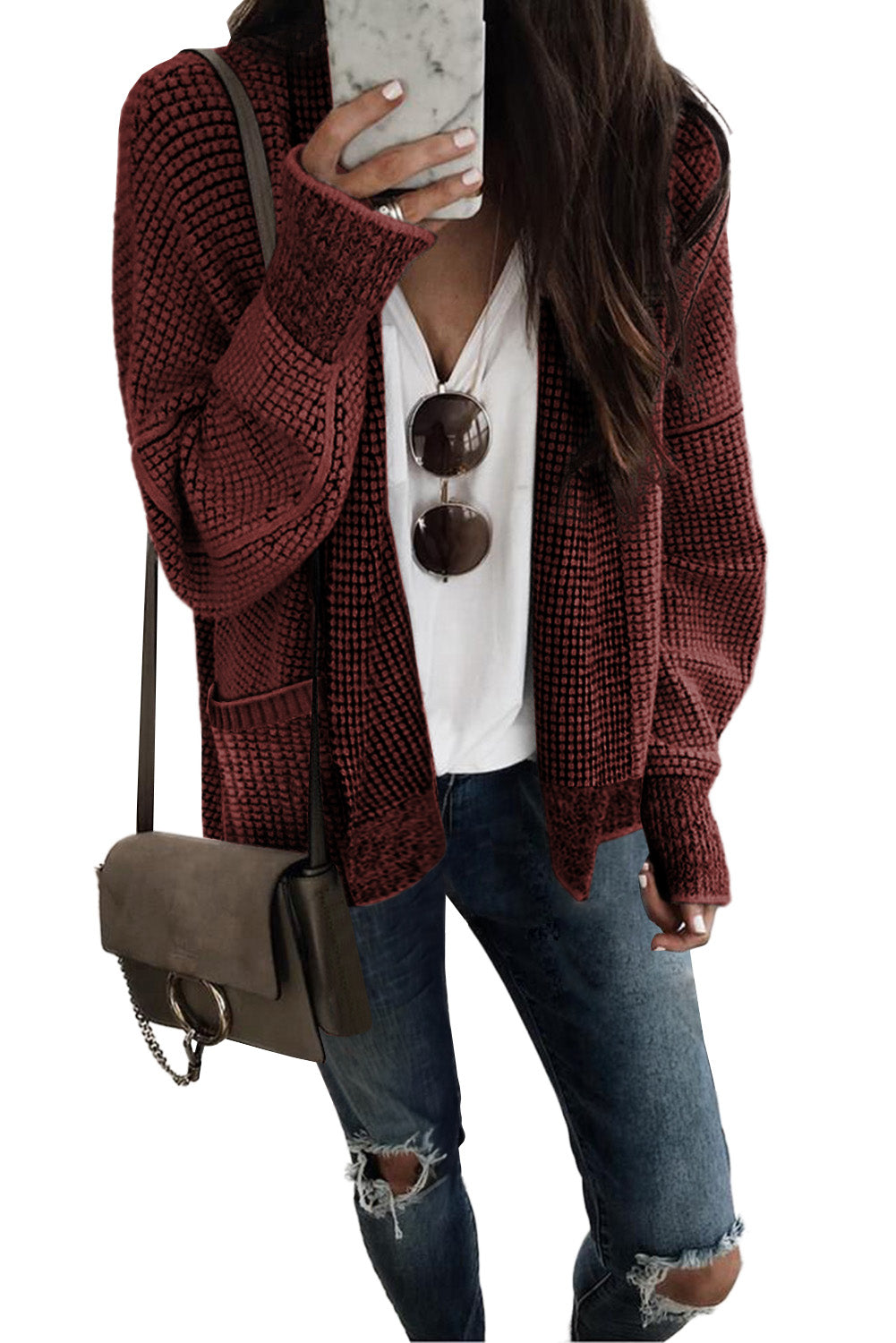 Pink Chunky Waffle Knit Oversized Collar Cardigan