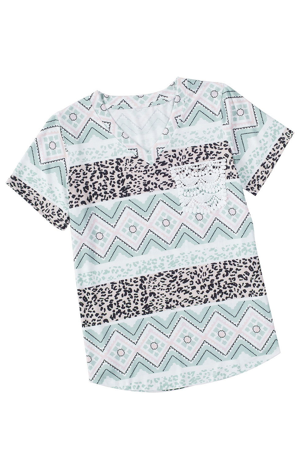 Printed V-Neck Lace Pocket Tee