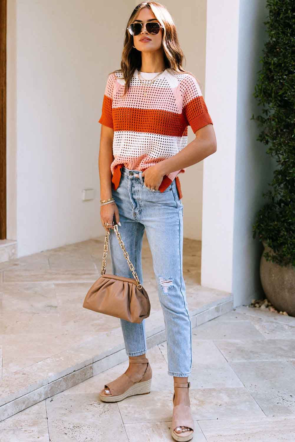 Crochet Knit Colorblock Stripe Top