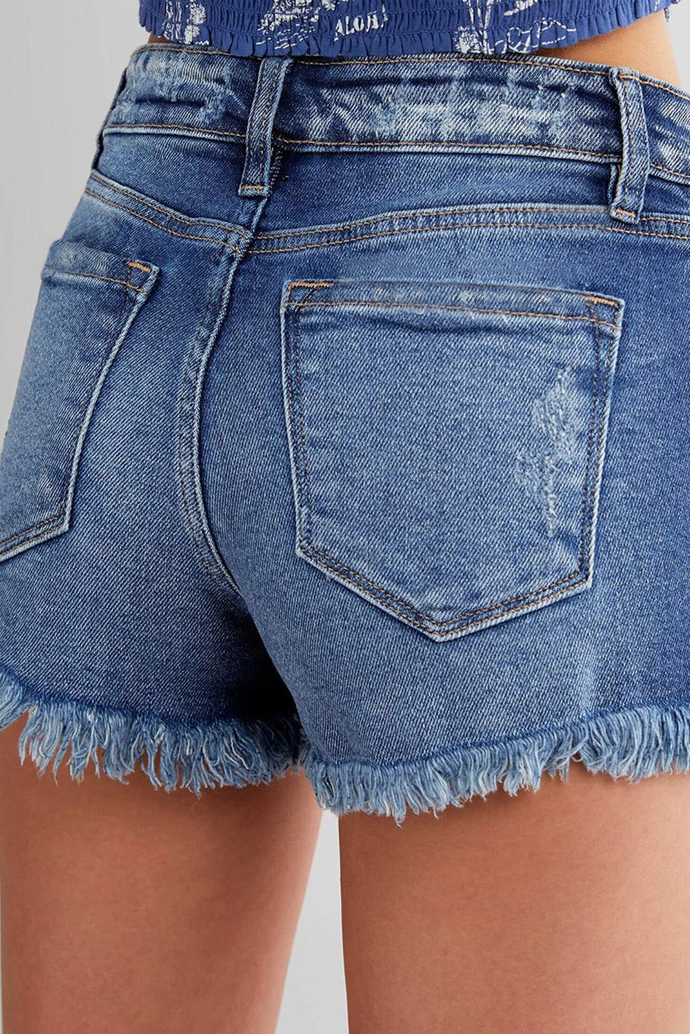 Frayed Hem Mid Waist Denim Shorts