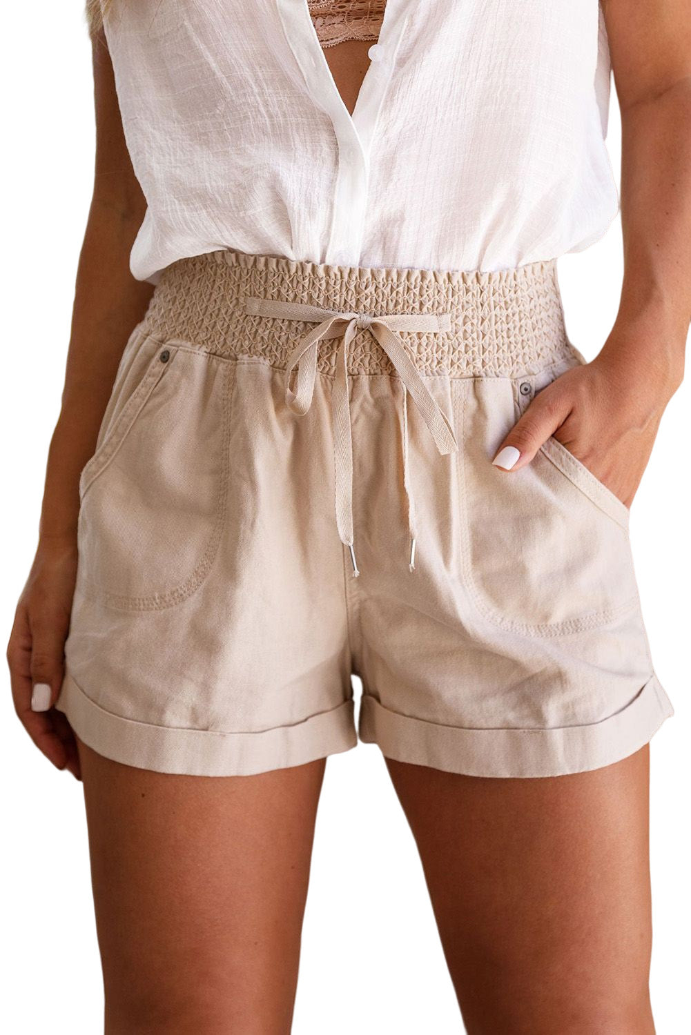 Khaki Drawstring Shirred High Waist Casual Shorts