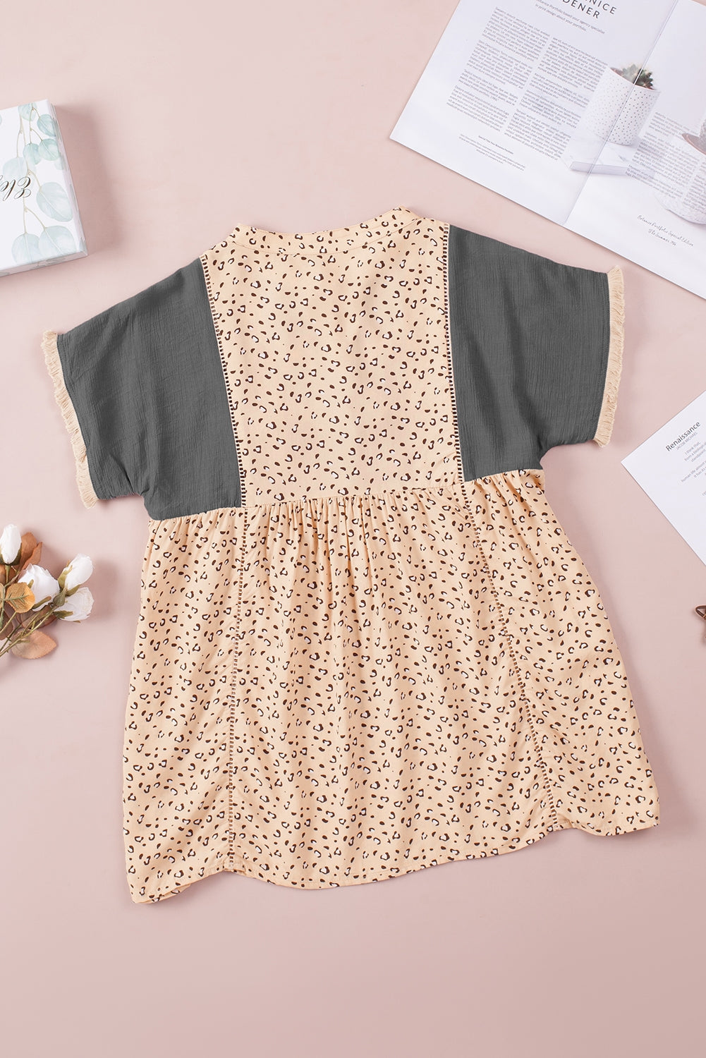 Khaki Geometric Leopard Patchwork Short Sleeve Top