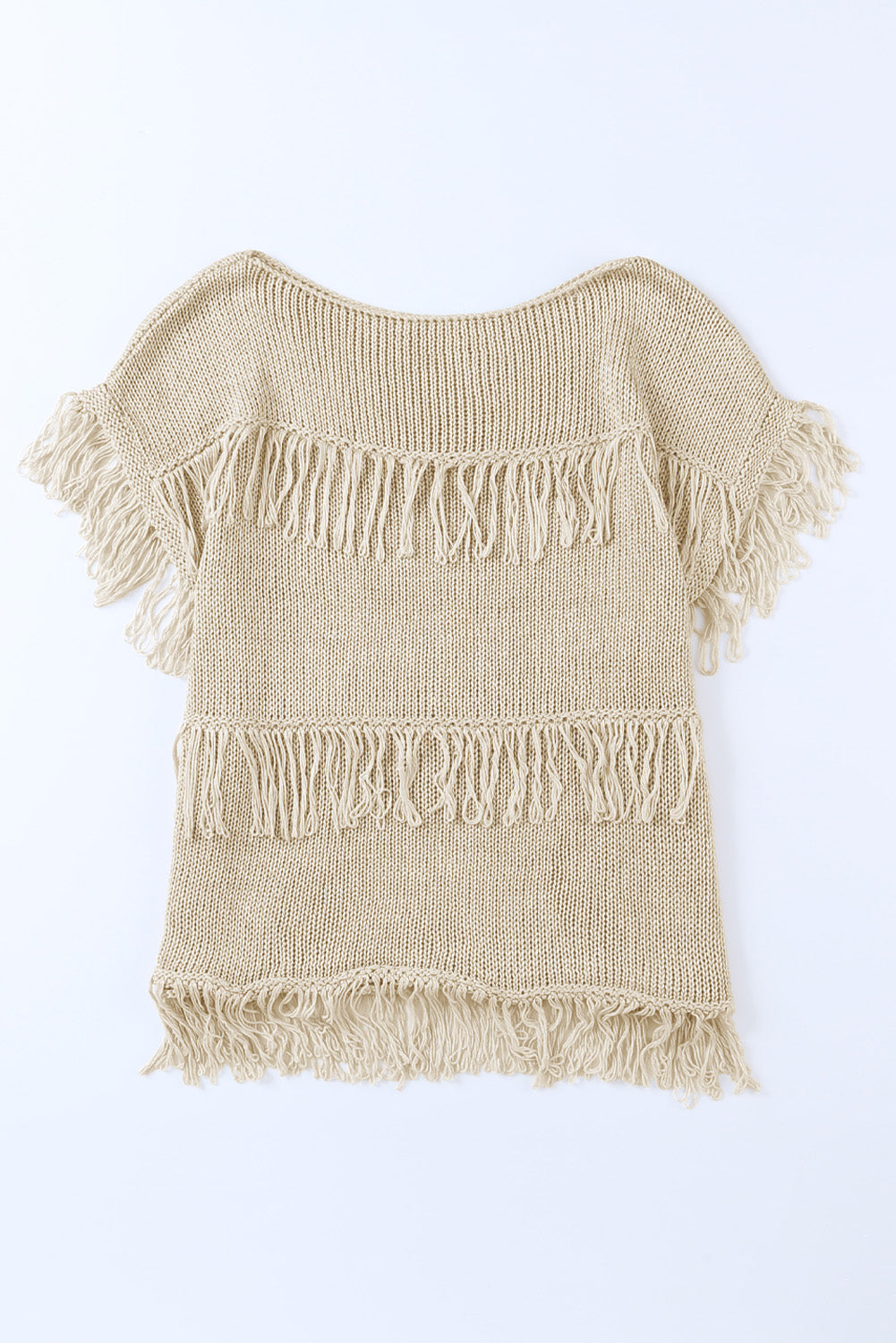 Khaki Crochet Knitted Fringed Short Sleeve Top