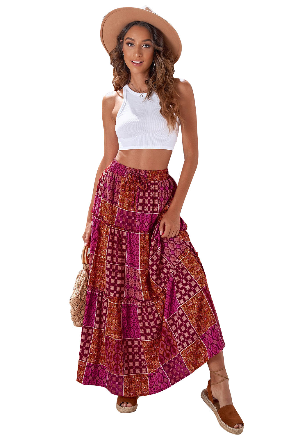 Tiered Paisley Print Pocketed Maxi Skirt