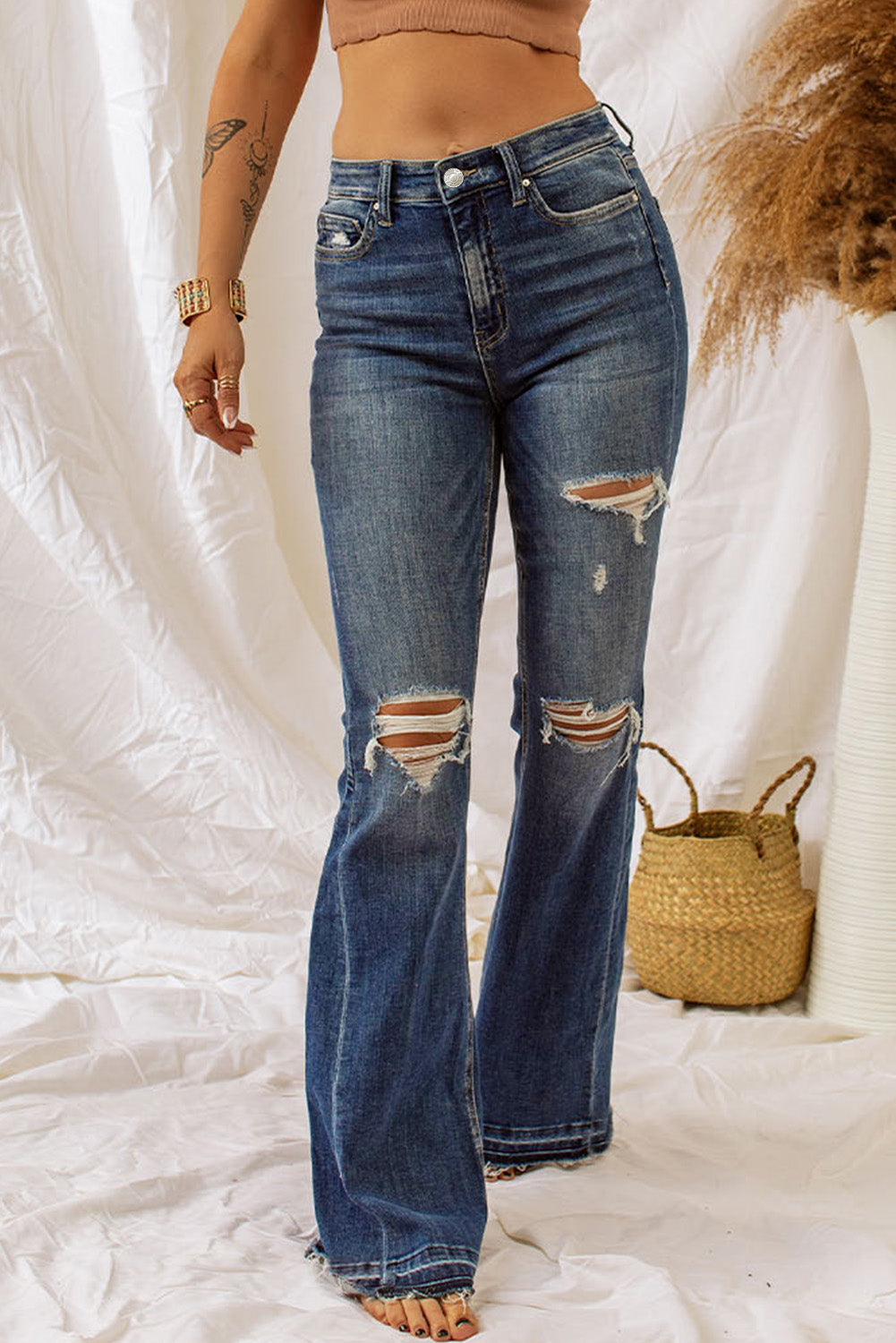 High Waist Slit Leg Distressed Wide Leg Jeans