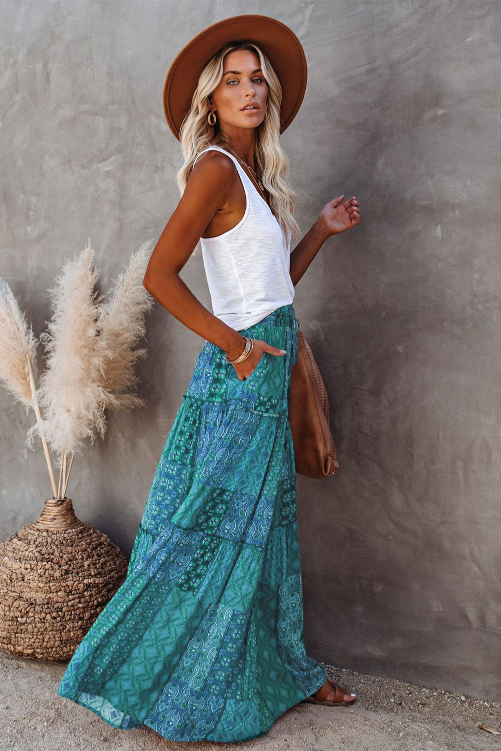 Tiered Paisley Print Pocketed Maxi Skirt