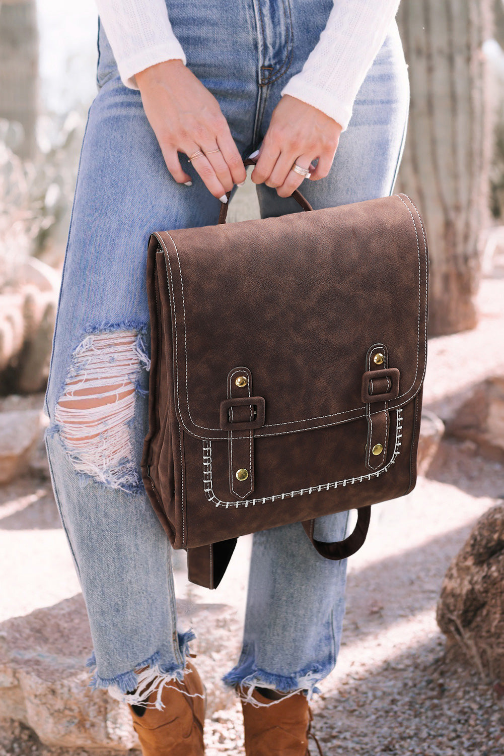 Retro Frosted Multifunction Square Flap Backpack 26*14*31cm