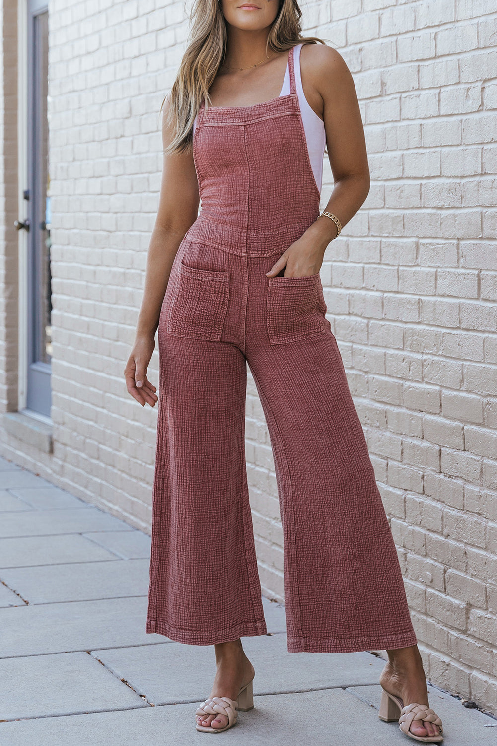 Fiery Red Textured Shoulder Straps Pocketed Overalls