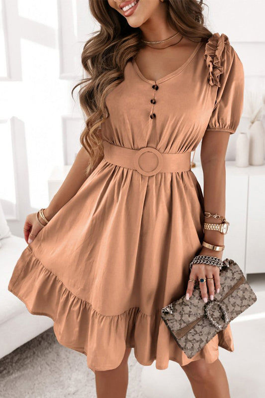 V-Neck Ruffle Buttoned Midi Dress