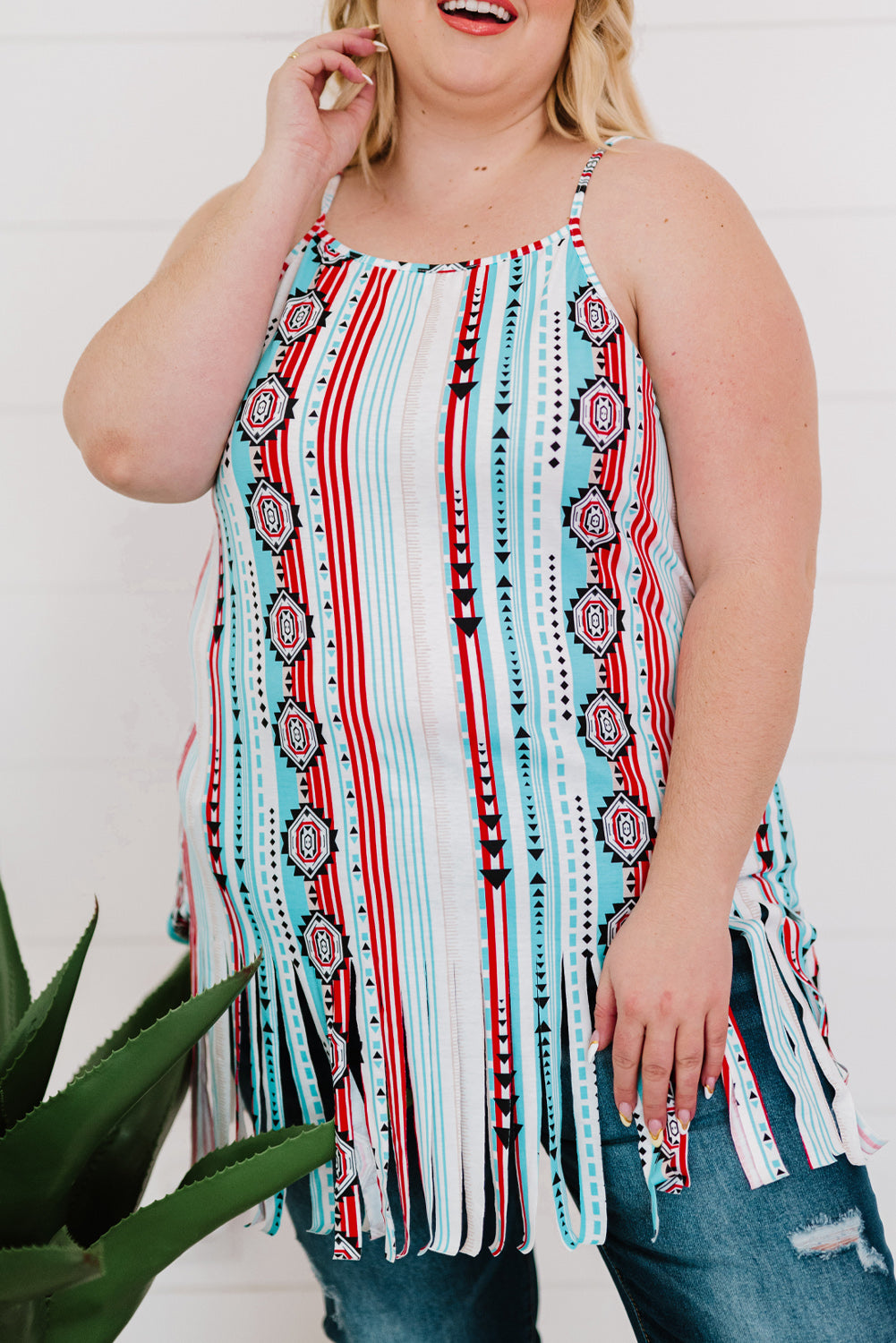 Multicolor Multicolor Aztec Print Tassel Plus Size Tank
