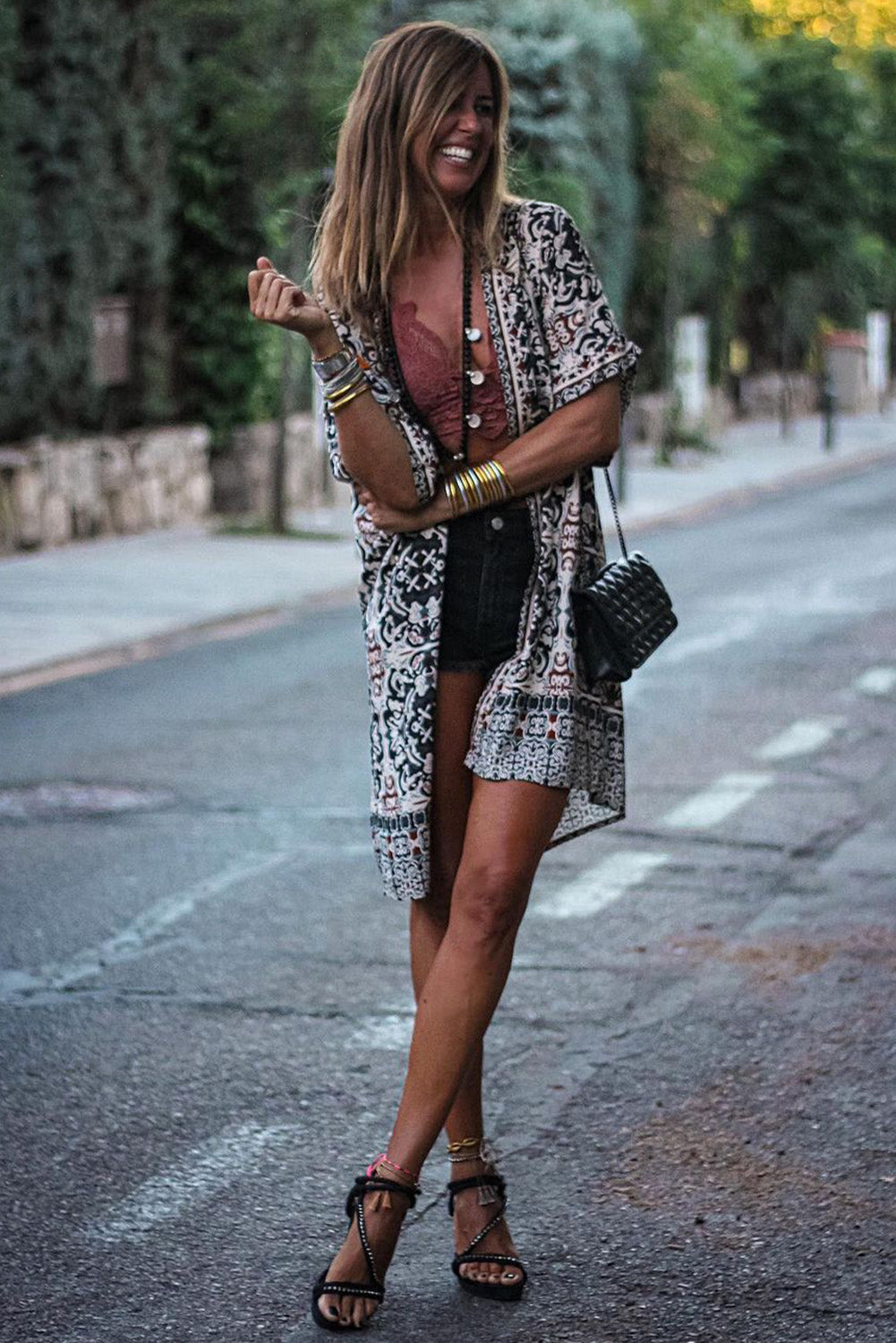 Vintage Floral Print Ethnic Open Front Kimono