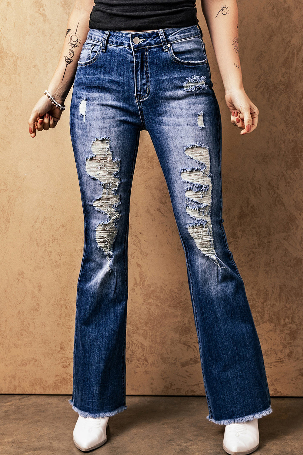 Distressed Raw Hem High Waist Flare Jeans