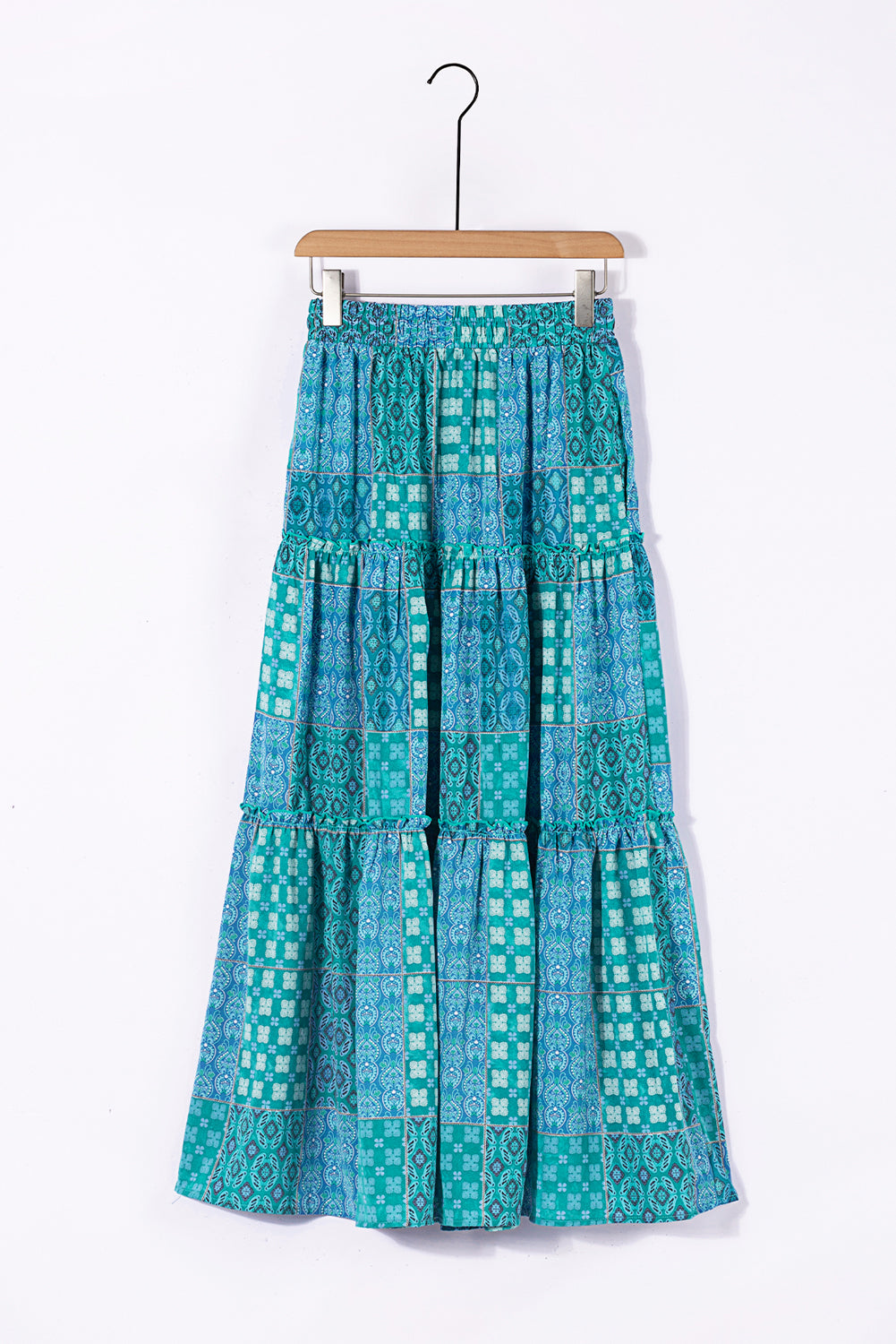 Tiered Paisley Print Pocketed Maxi Skirt
