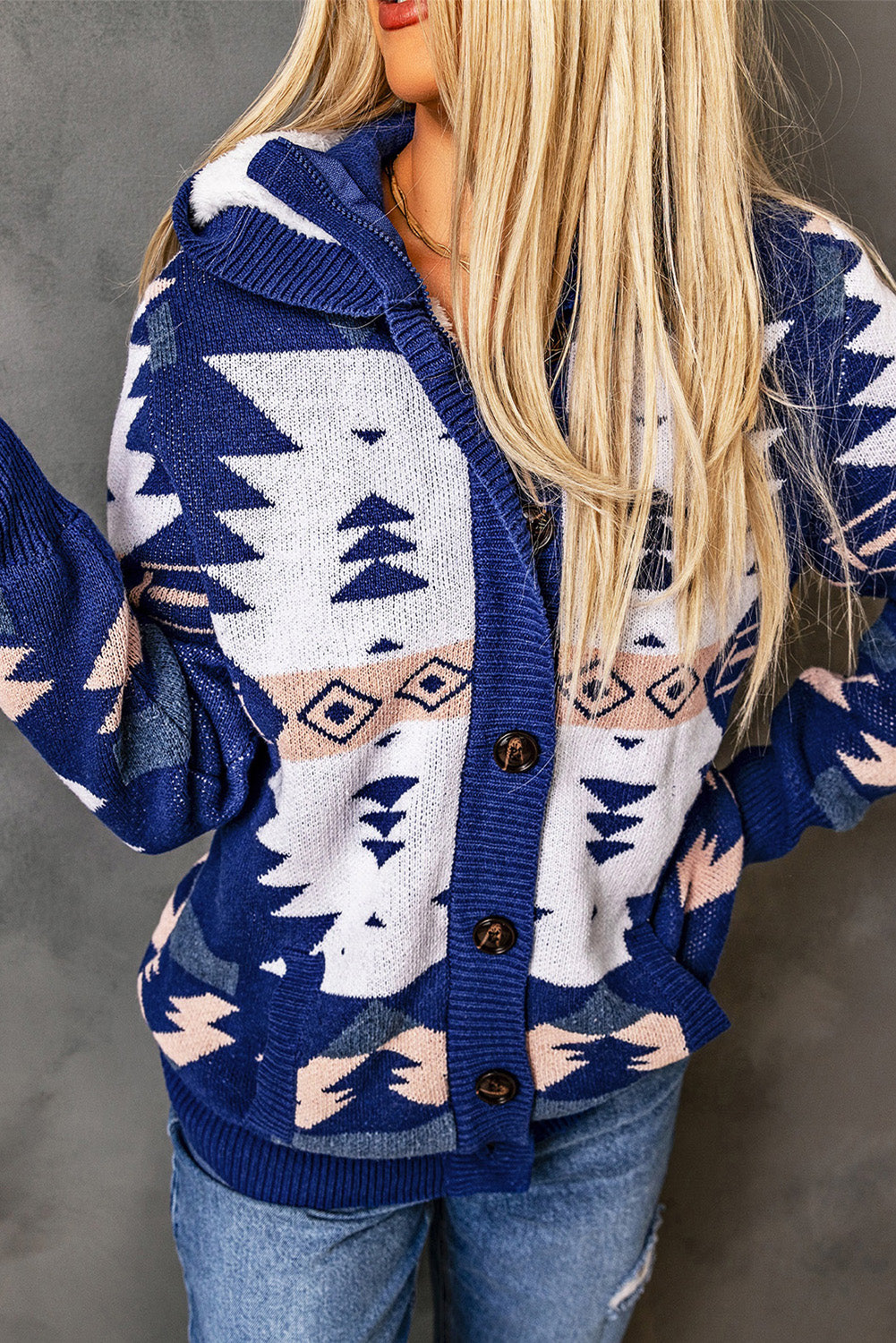 Retro Jacquard Pattern Buttoned Front Hooded Sweater