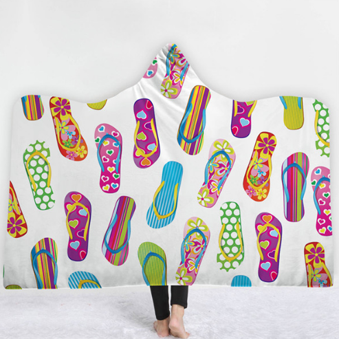 Hooded Thermal Fleece Blanket Coral Fleece Print Winter Warm Home Travel Portable Wearable Thick Hoodie Blanket For Adults Kids